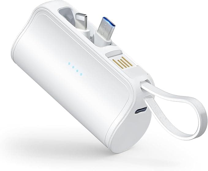 モバイルバッテリー 軽量 小型 5000mAh 【改良モデル& MFi認証済み】携帯バッテリー Lightningコネクター & type-c コネクター内蔵 蓄電用ケーブル内蔵 直接充電 スマホ充電器 急速充電 コンパクト隠しスタンド搭載 持ち運び便利 98.5gコードレス旅行/出張PSE認証済み iPhone/Android/iPad/AirPodsなど各種対応 (ホワイト)